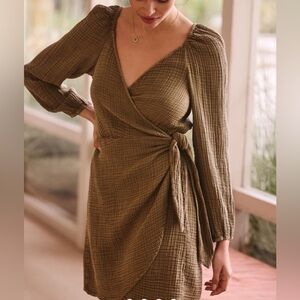 Olive green cotton gauze wrap dress top size XS